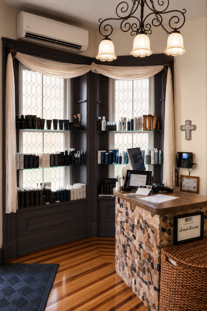 Front desk and product display at Joseph's Styling Salon.